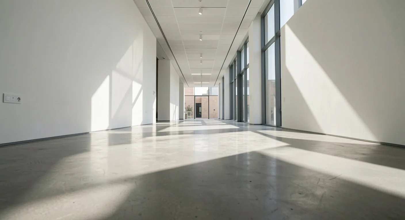 Corredor minimalista con luz solar diagonal y sombras profundas