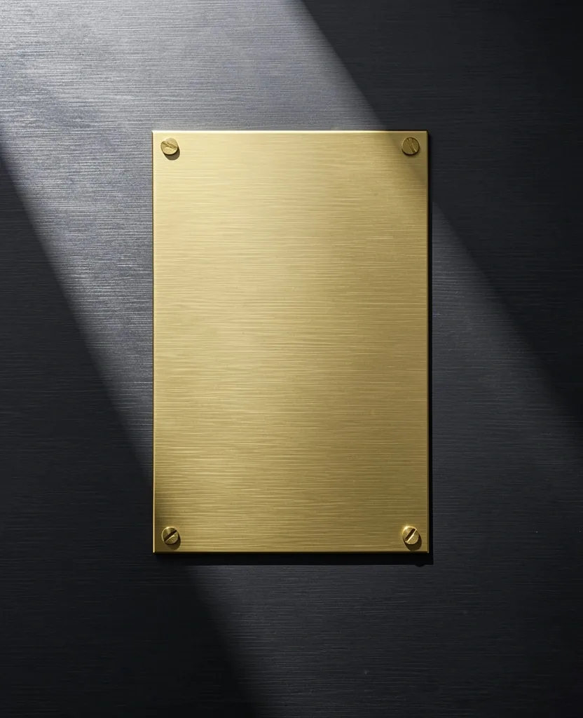 Placa de metal grabada en una pared de aluminio cepillado