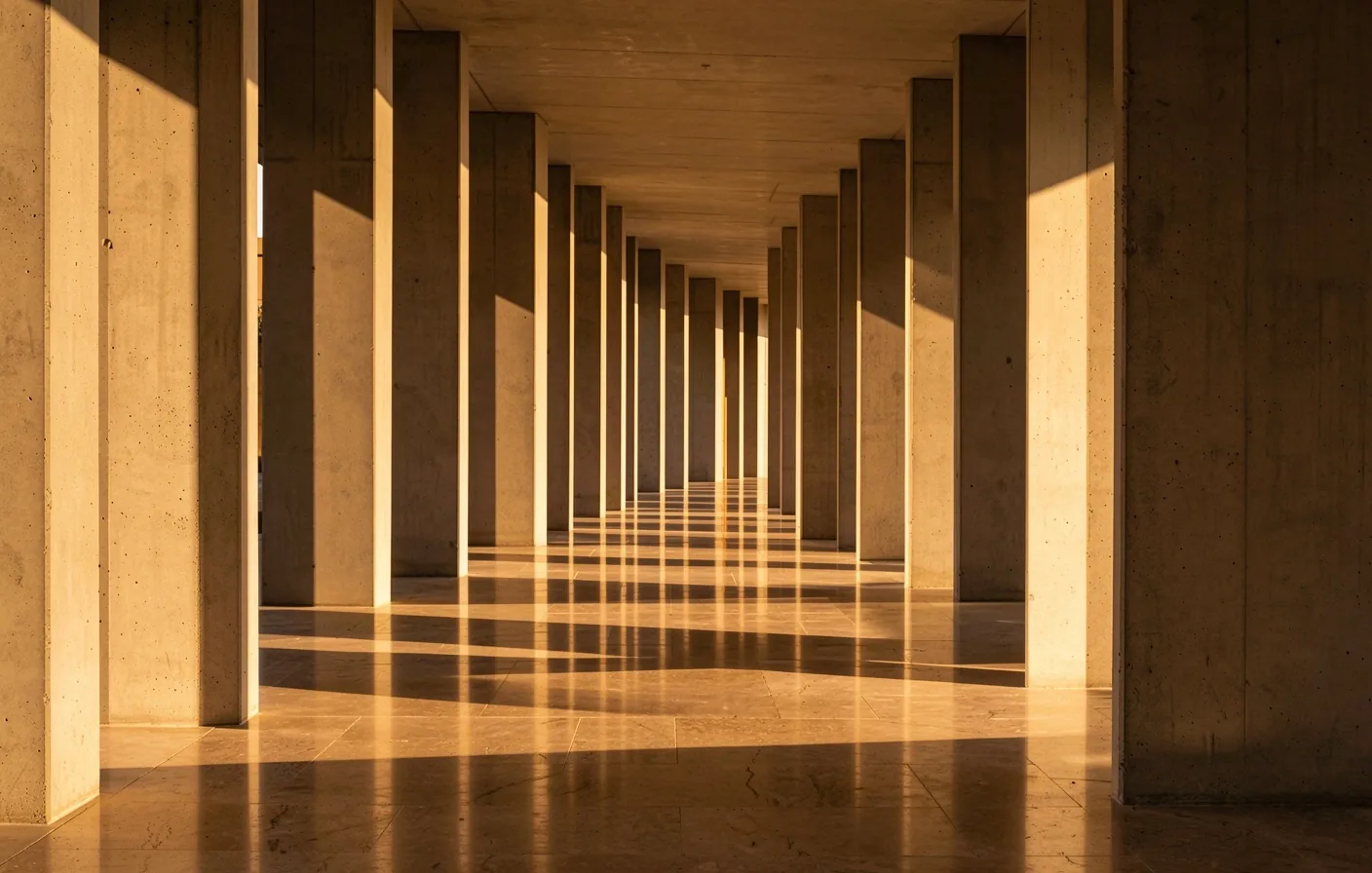 Corredor minimalista con luz solar y sombras geométricas